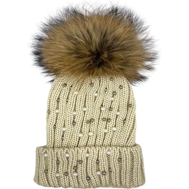 Pearl Embellished Ribbed Beanie With Faux Fur Pom, Ivory