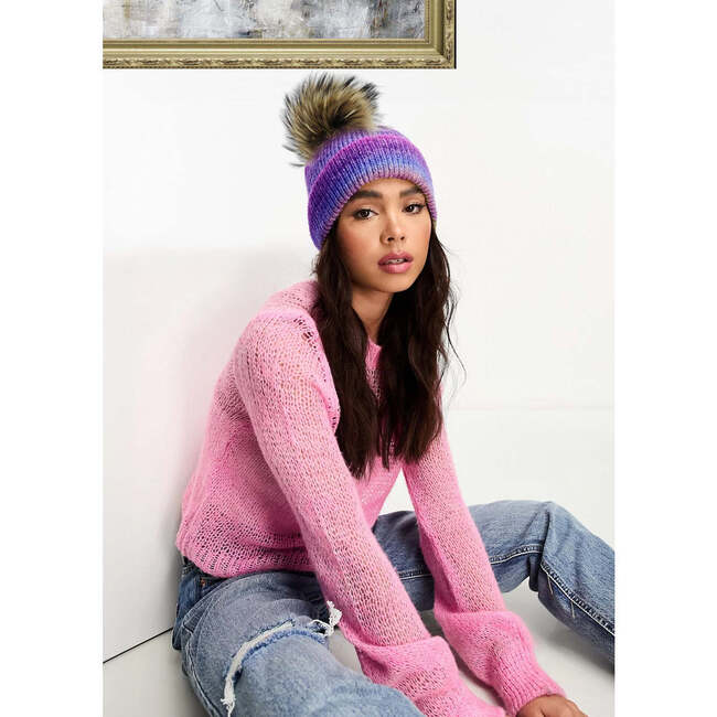 Ombre Knit Hat With Faux Fur Pom, Rainbow - Hats - 2