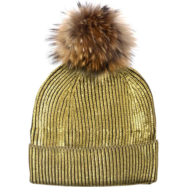 Metallic Stamp Hat With Faux Fur Pom, Gold