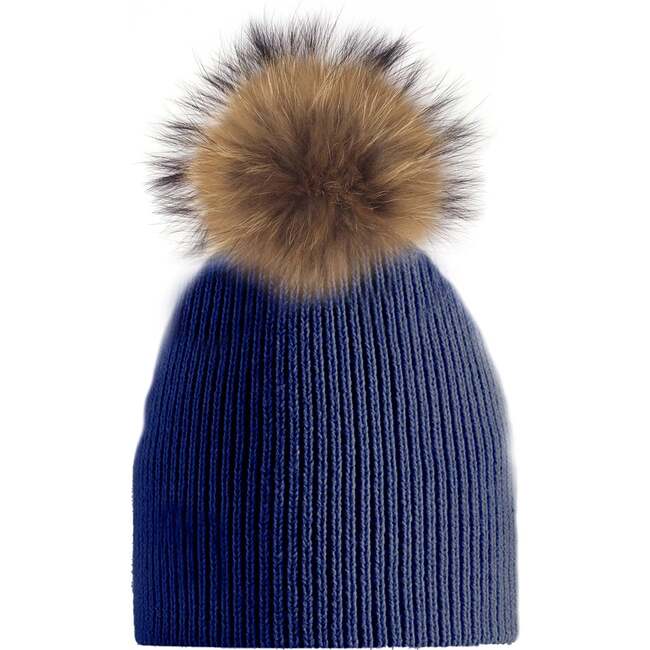 Knitted Wool Hat With Faux Fur Pom, Navy