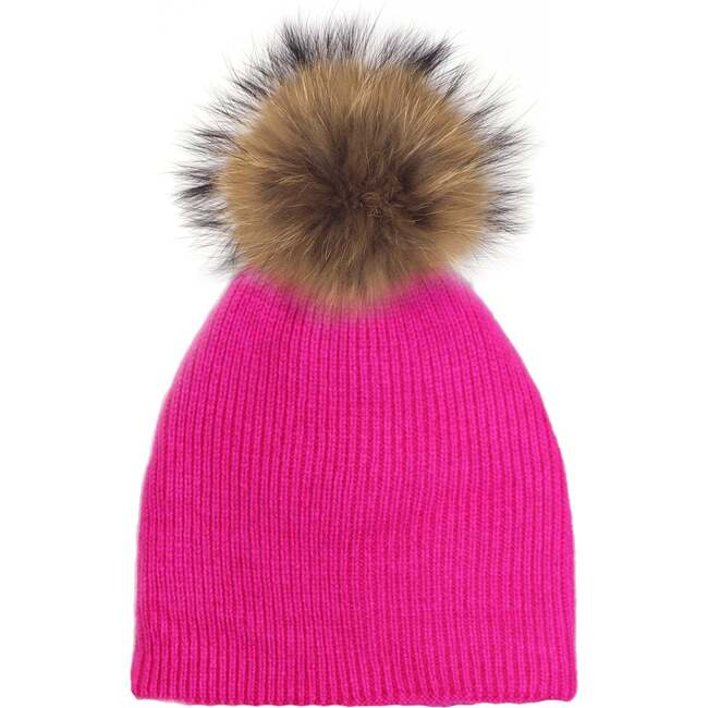 Knitted Wool Hat With Faux Fur Pom, Hot Pink