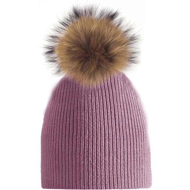 Knitted Wool Hat With Faux Fur Pom, Dusty Rose