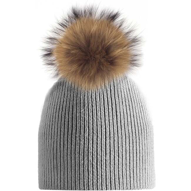 Knitted Wool Hat With Faux Fur Pom, Dusty Grey