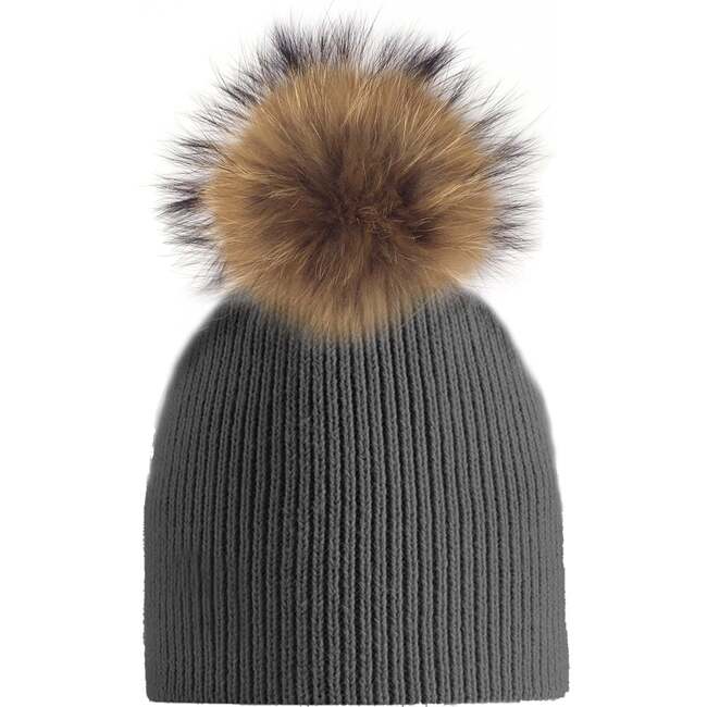 Knitted Wool Hat With Faux Fur Pom, Charcoal