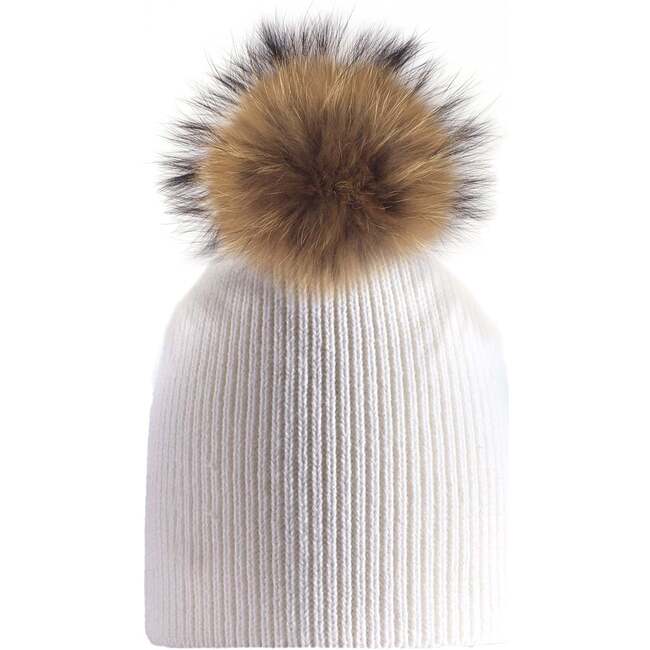 Knitted Wool Baby Hat With Faux Fur Pom, White