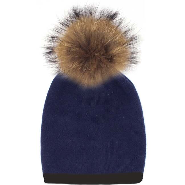 Two Tone Knit Hat With Faux Fur Pom, Navy