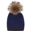 Two Tone Knit Hat With Faux Fur Pom, Navy - Hats - 1 - thumbnail