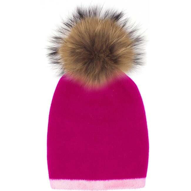 Two Tone Knit Hat With Faux Fur Pom, Pink