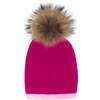 Two Tone Knit Hat With Faux Fur Pom, Pink - Hats - 1 - thumbnail