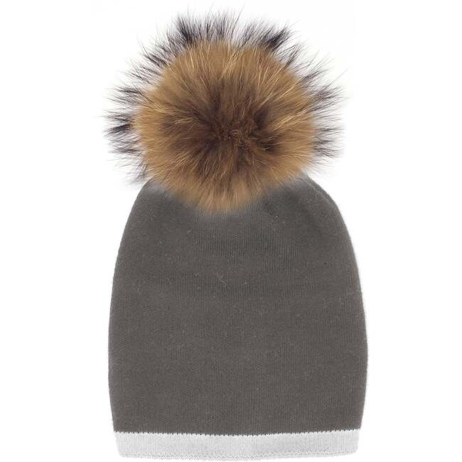 Two Tone Knit Hat With Faux Fur Pom, Grey