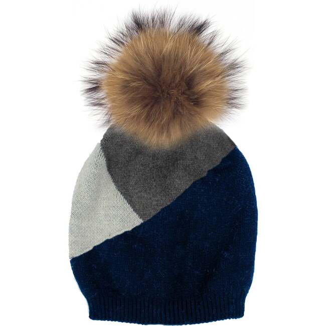 Triangle Color Block Hat With Faux Fur Pom, Navy