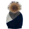 Triangle Color Block Hat With Faux Fur Pom, Navy - Hats - 1 - thumbnail