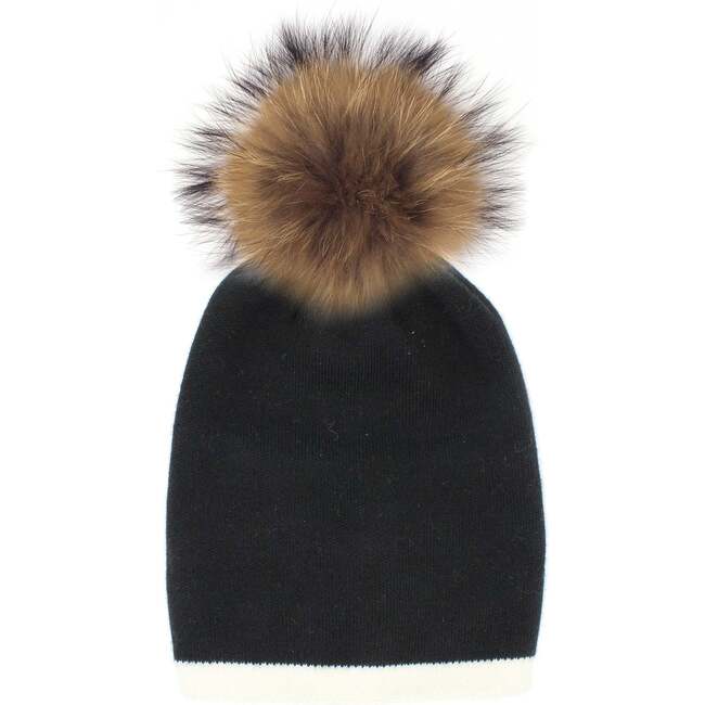 Two Tone Knit Hat With Faux Fur Pom, Black