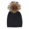 Two Tone Knit Hat With Faux Fur Pom, Black - Hats - 1 - thumbnail