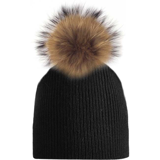 Knitted Wool Baby Hat With Faux Fur Pom, Black