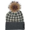 Houndstooth Knit Beanie With Faux Fur Pom, Grey - Hats - 1 - thumbnail