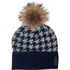 Houndstooth Knit Beanie With Faux Fur Pom, Navy - Hats - 1 - thumbnail