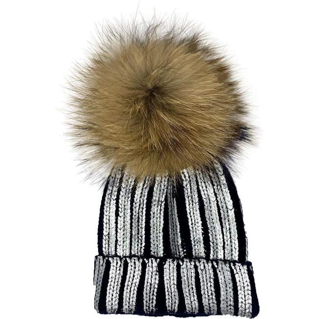 Foil Stamp Beanie With Faux Fur Pom, Navy - Hats - 1