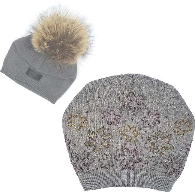 Floral Rhinestone Design Hat With Faux Fur Pom, Dusty Grey