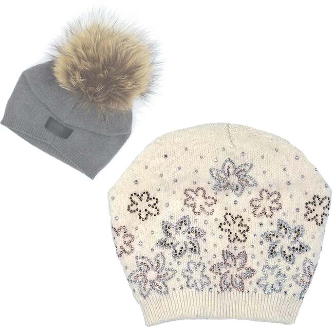 Floral Rhinestone Design Hat With Faux Fur Pom, White