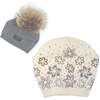 Floral Rhinestone Design Hat With Faux Fur Pom, White - Hats - 1 - thumbnail