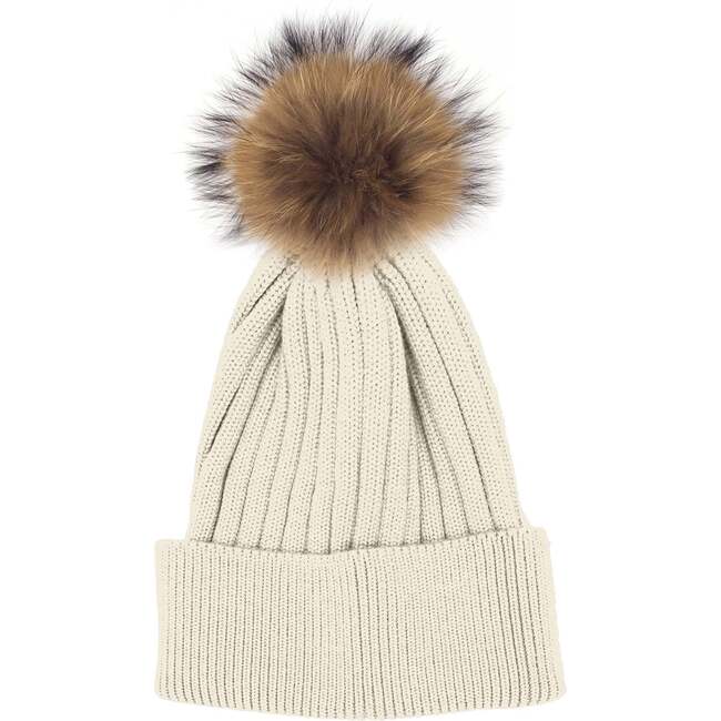 Flat Ribbed Wool Blend Hat With Faux Fur Pom, White