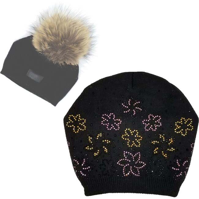 Floral Rhinestone Design Hat With Faux Fur Pom, Black