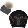 Floral Rhinestone Design Hat With Faux Fur Pom, Black - Hats - 1 - thumbnail