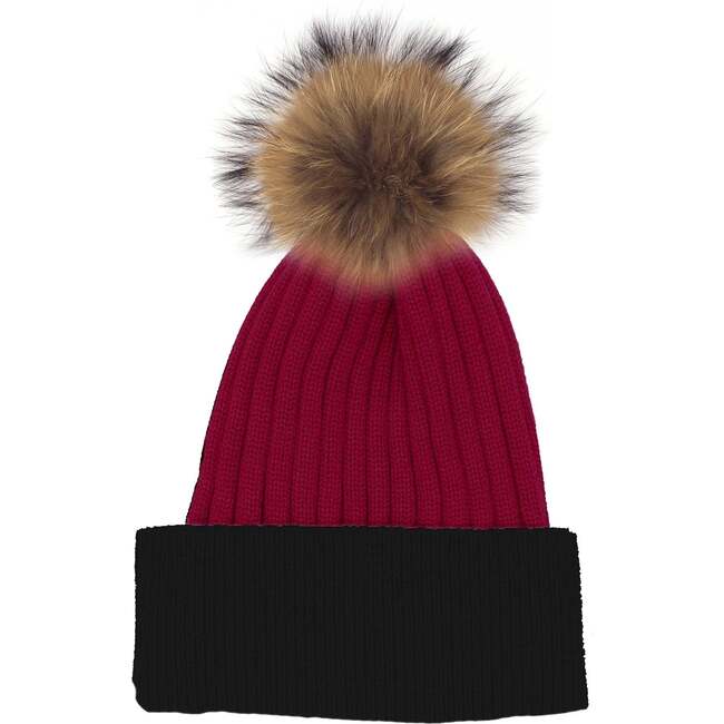 Flat Ribbed Wool Blend Hat With Faux Fur Pom, Maroon/Black