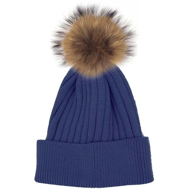 Flat Ribbed Wool Blend Hat With Faux Fur Pom, Navy