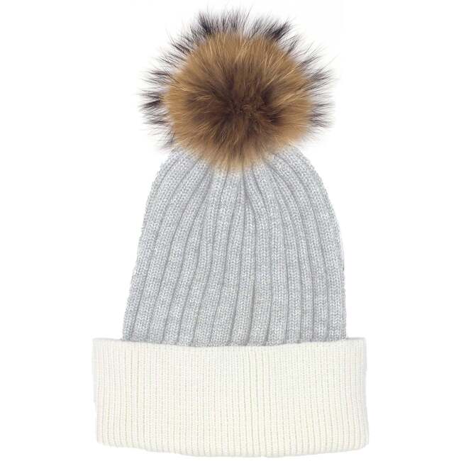 Flat Ribbed Wool Blend Hat With Faux Fur Pom, Dusty Grey/White