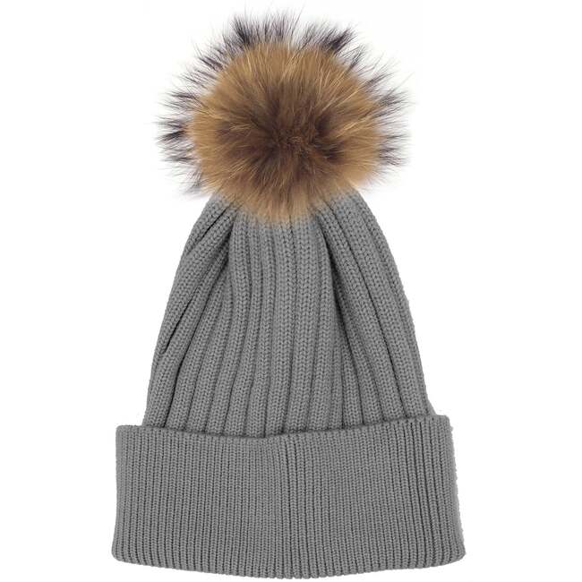 Flat Ribbed Wool Blend Hat With Faux Fur Pom, Dusty Grey