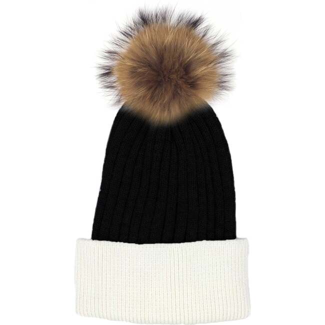 Flat Ribbed Wool Blend Hat With Faux Fur Pom, Black/White