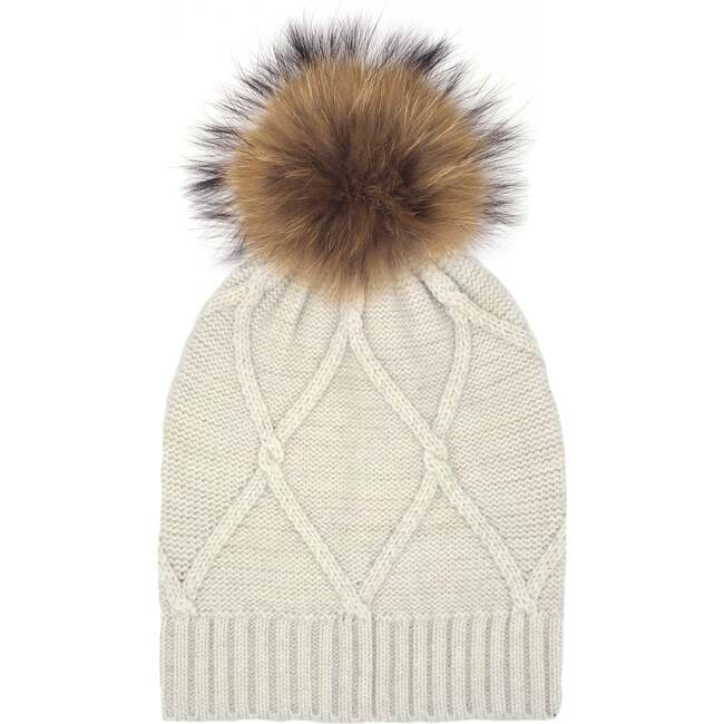 Diamond Lurex Knit Hat With Faux Fur Pom, White