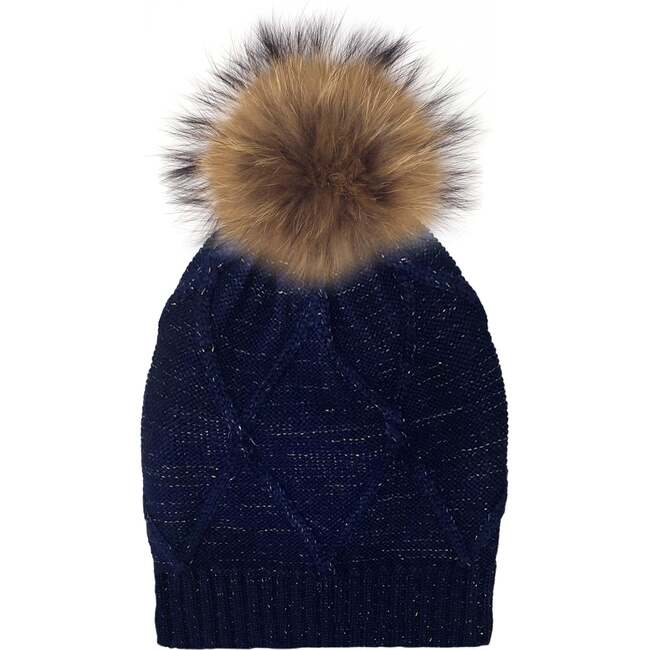 Diamond Lurex Knit Hat With Faux Fur Pom, Navy