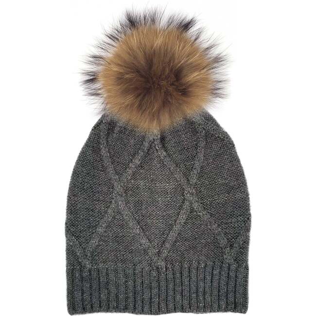 Diamond Lurex Knit Hat With Faux Fur Pom, Charcoal