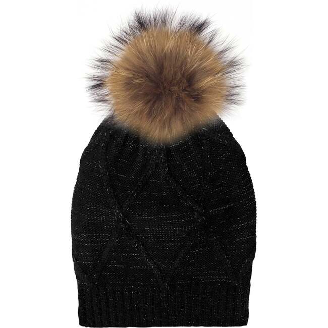 Diamond Lurex Knit Hat With Faux Fur Pom, Black