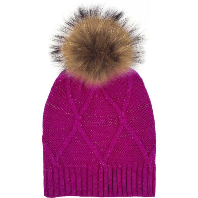 Diamond Lurex Knit Hat With Faux Fur Pom, Hot Pink