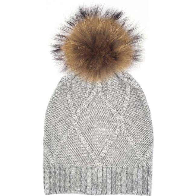 Diamond Lurex Knit Hat With Faux Fur Pom, Dusty Grey