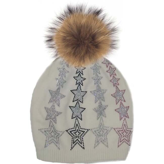 Colored Star Hat With Faux Fur Pom, White