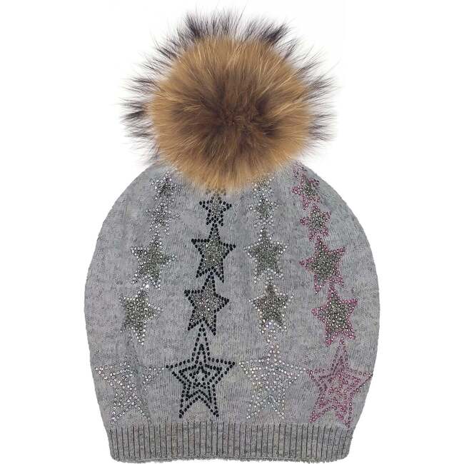 Colored Star Hat With Faux Fur Pom, Dusty Grey