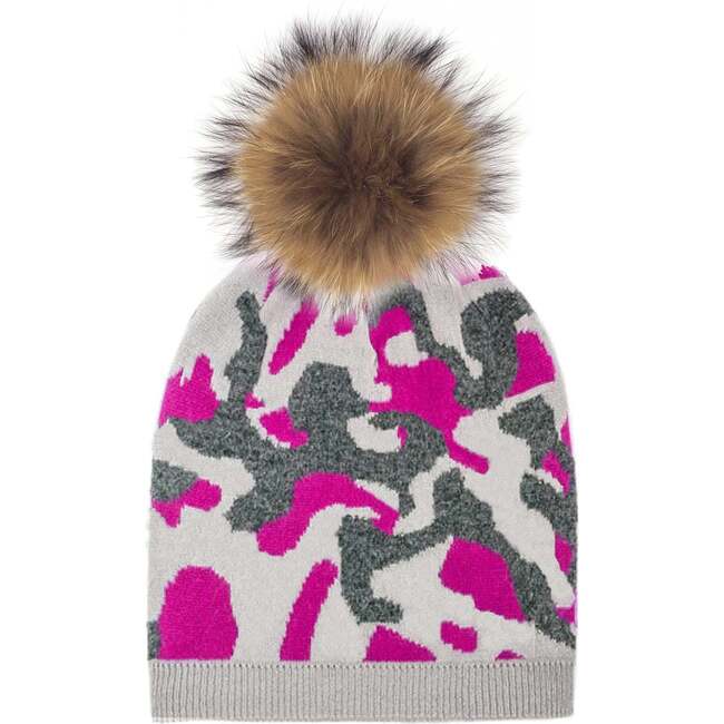 Color Camouflage Beanie With Faux Fur Pom, Pink