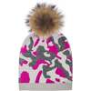 Color Camouflage Beanie With Faux Fur Pom, Pink - Hats - 1 - thumbnail