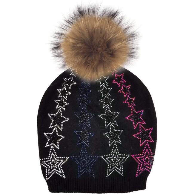 Colored Star Hat With Faux Fur Pom, Black