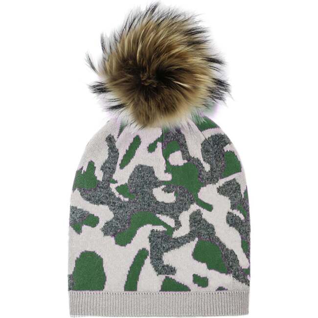 Color Camouflage Beanie With Faux Fur Pom, Green