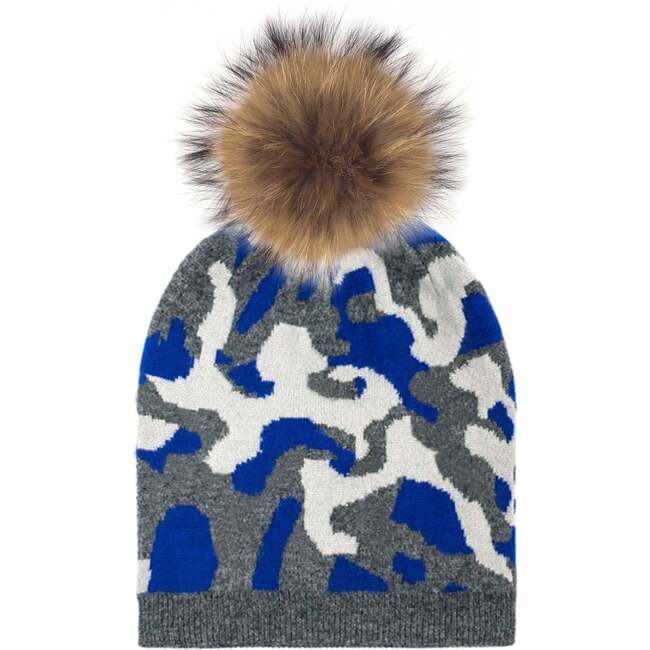 Color Camouflage Beanie With Faux Fur Pom, Blue