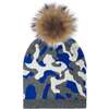 Color Camouflage Beanie With Faux Fur Pom, Blue - Hats - 1 - thumbnail