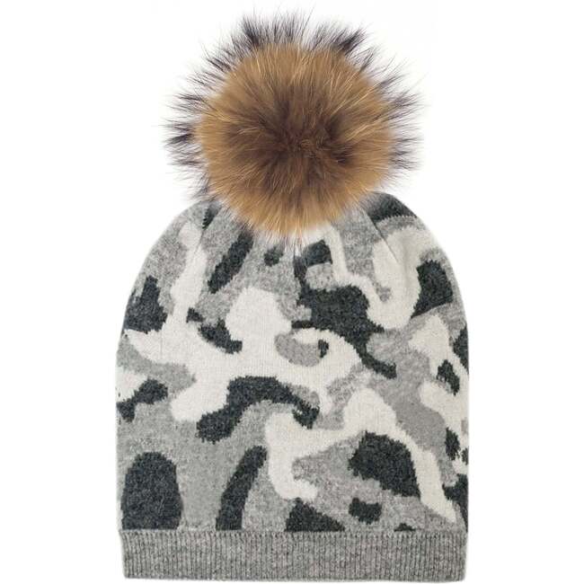 Color Camouflage Beanie With Faux Fur Pom, Black