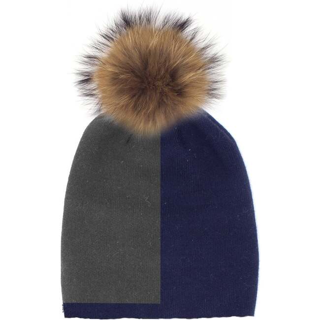 Color Block Knit Hat With Faux Fur Pom, Navy/Grey