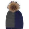 Color Block Knit Hat With Faux Fur Pom, Navy/Grey - Hats - 1 - thumbnail